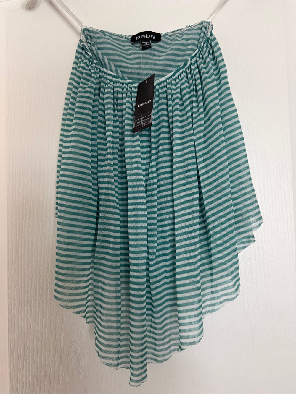 New Bebe Teal and White Asymmetrical Striped Strapless Top Sz Xs.